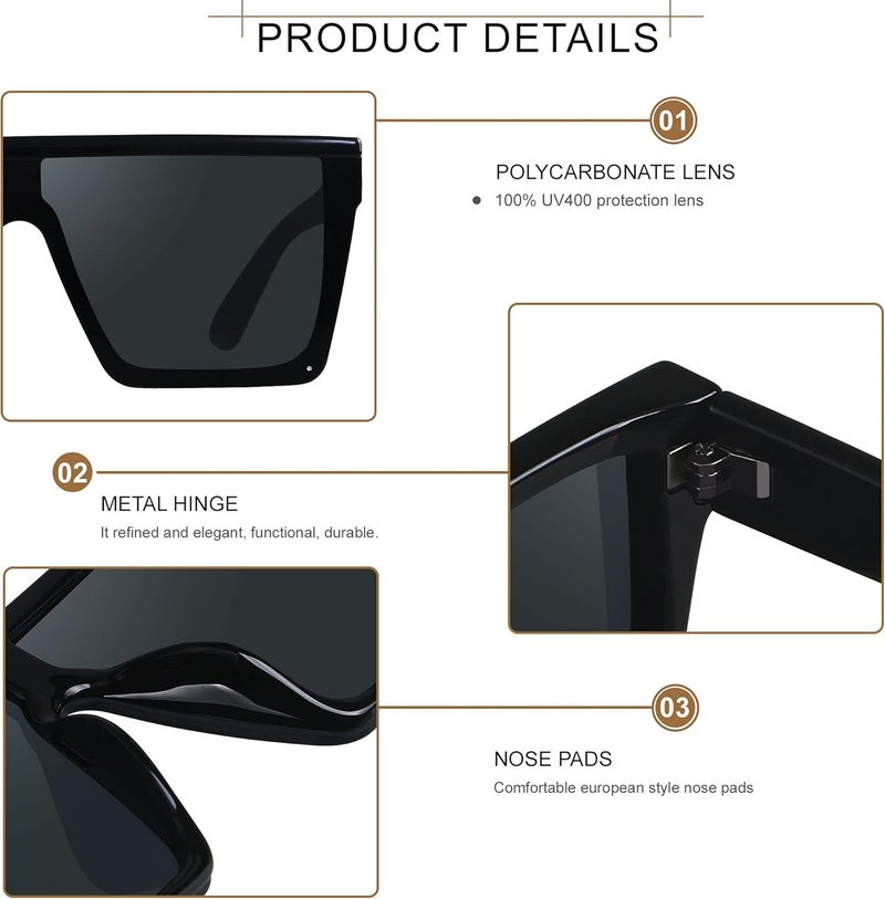 LYZOIT Square Oversized Sunglasses for Women Men Big Flat Top Fashion Shield Large UV Protection Rimless Shades - Image 2